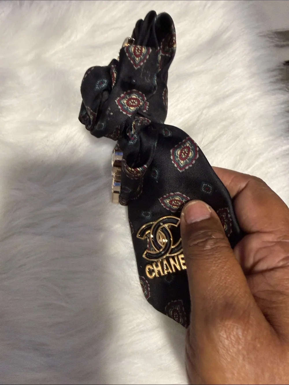 Chanel Black Patterned Silk junk Tie with Gold Logo and Jewel Pins
